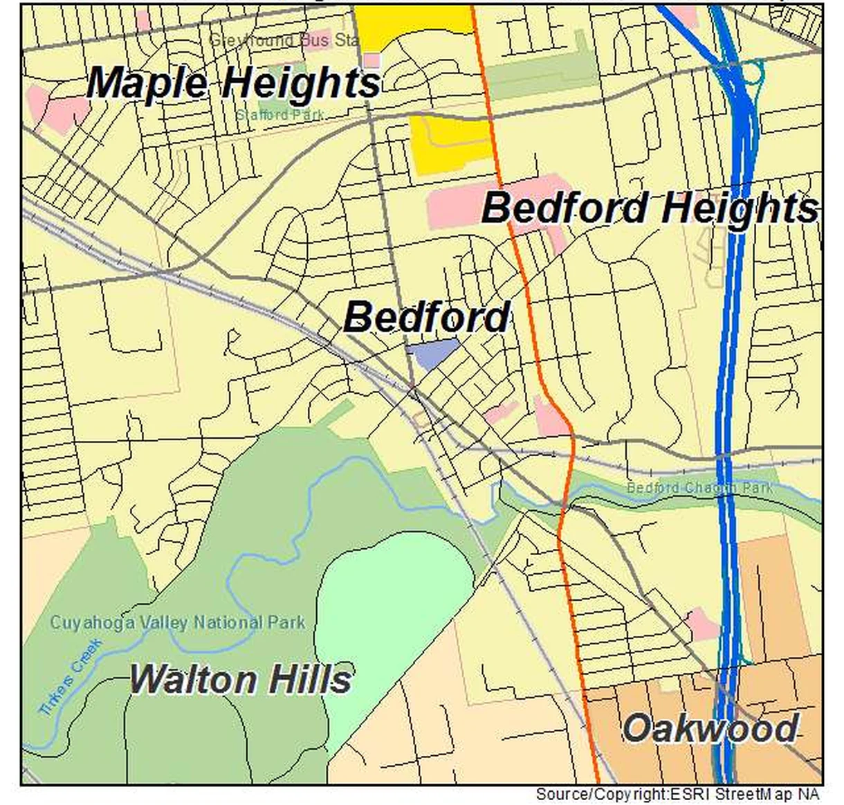 Map of Bedford, Ohio showing Bedford Auto Care at 803 Broadway Avenue